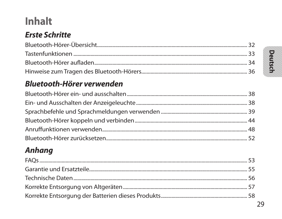Deutsch, Inhalt | Samsung HM6000 User Manual | Page 31 / 183