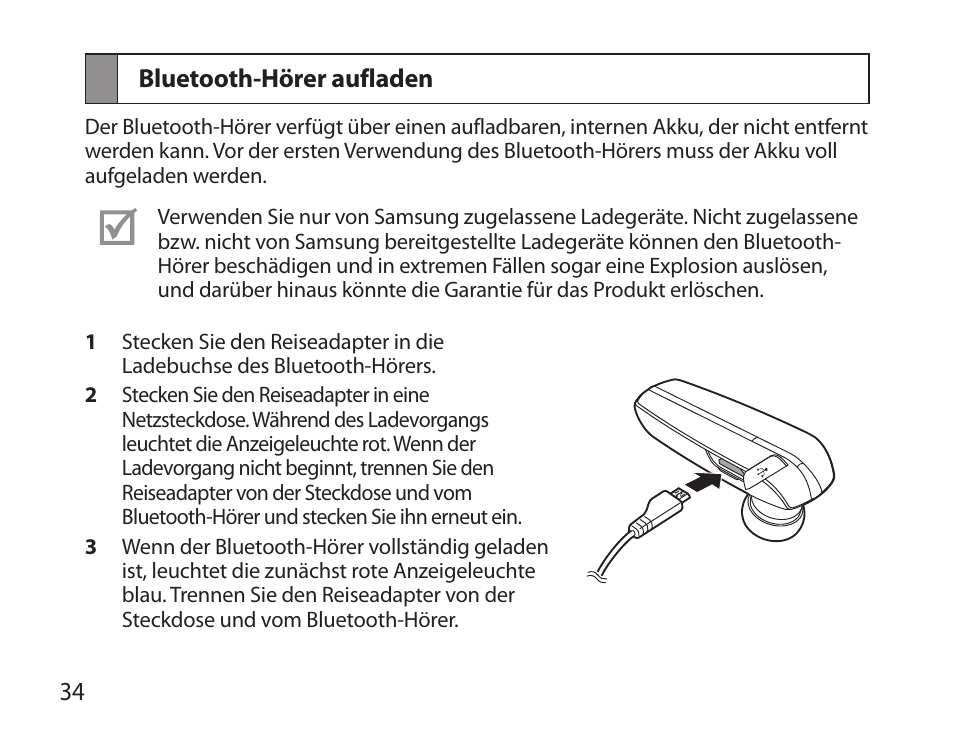 Bluetooth-hörer aufladen | Samsung HM6000 User Manual | Page 36 / 183