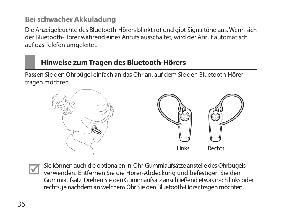 Hinweise zum tragen des bluetooth-hörers | Samsung HM6000 User Manual | Page 38 / 183