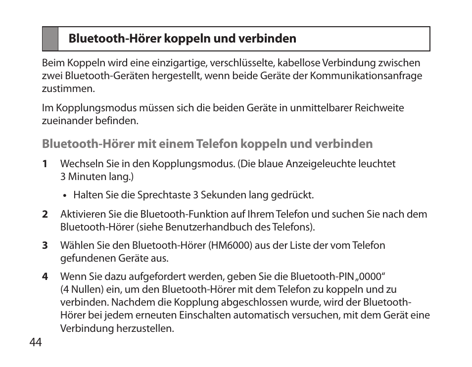 Bluetooth-hörer koppeln und verbinden | Samsung HM6000 User Manual | Page 46 / 183