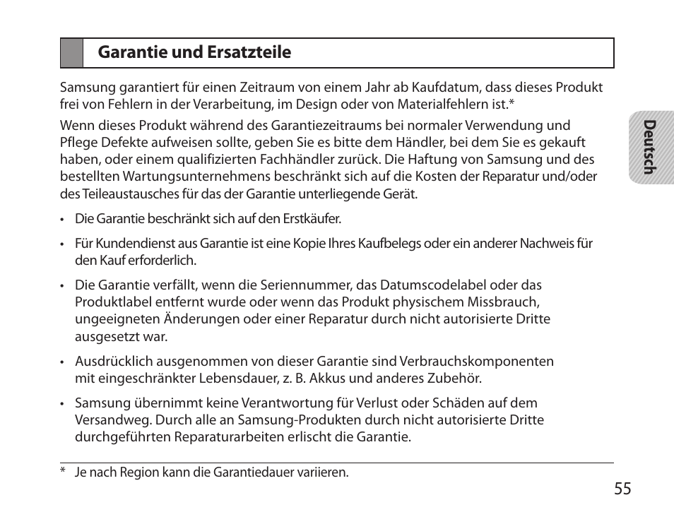 Garantie und ersatzteile | Samsung HM6000 User Manual | Page 57 / 183