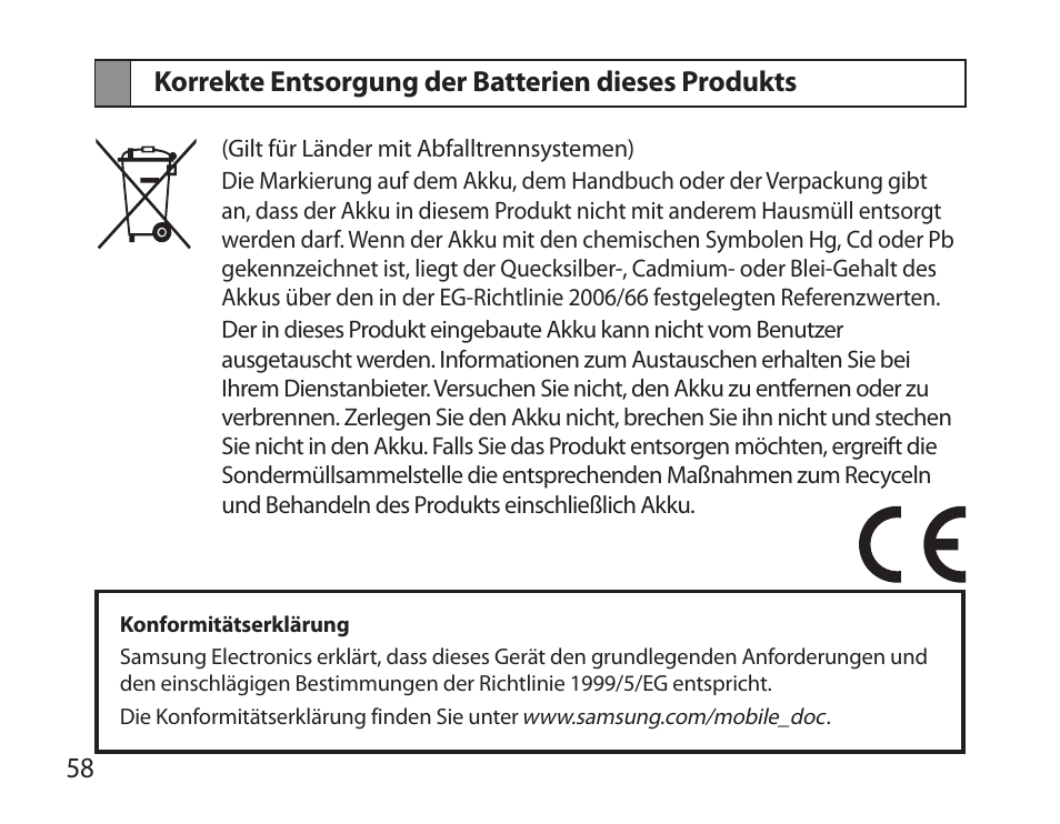 Korrekte entsorgung der batterien dieses produkts | Samsung HM6000 User Manual | Page 60 / 183