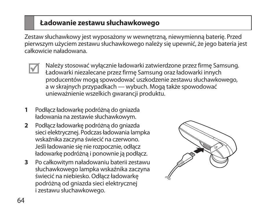 Ładowanie zestawu słuchawkowego | Samsung HM6000 User Manual | Page 66 / 183