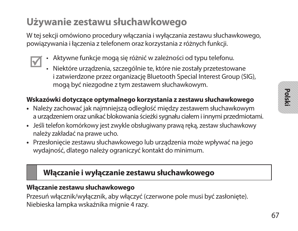 Używanie zestawu słuchawkowego, Włączanie i wyłączanie zestawu słuchawkowego | Samsung HM6000 User Manual | Page 69 / 183