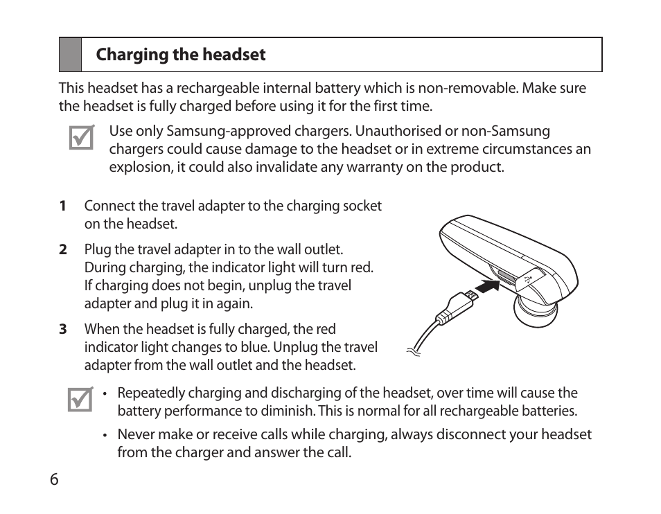 Charging the headset | Samsung HM6000 User Manual | Page 8 / 183