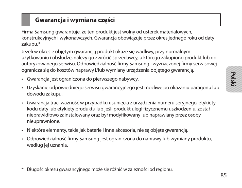 Gwarancja i wymiana części | Samsung HM6000 User Manual | Page 87 / 183