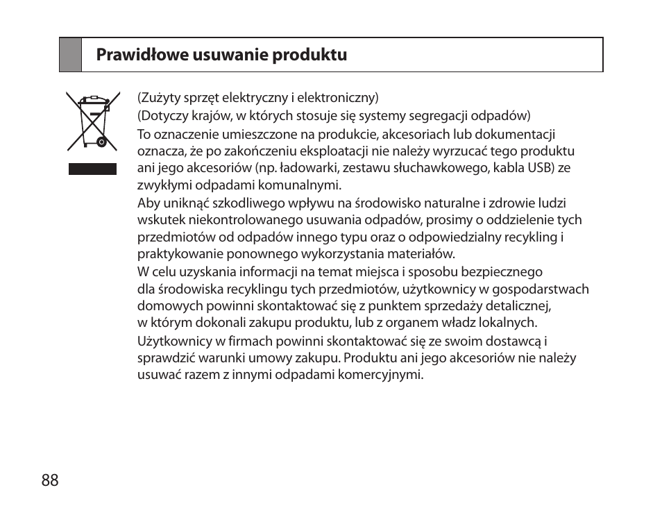 Prawidłowe usuwanie produktu, 88 prawidłowe usuwanie produktu | Samsung HM6000 User Manual | Page 90 / 183