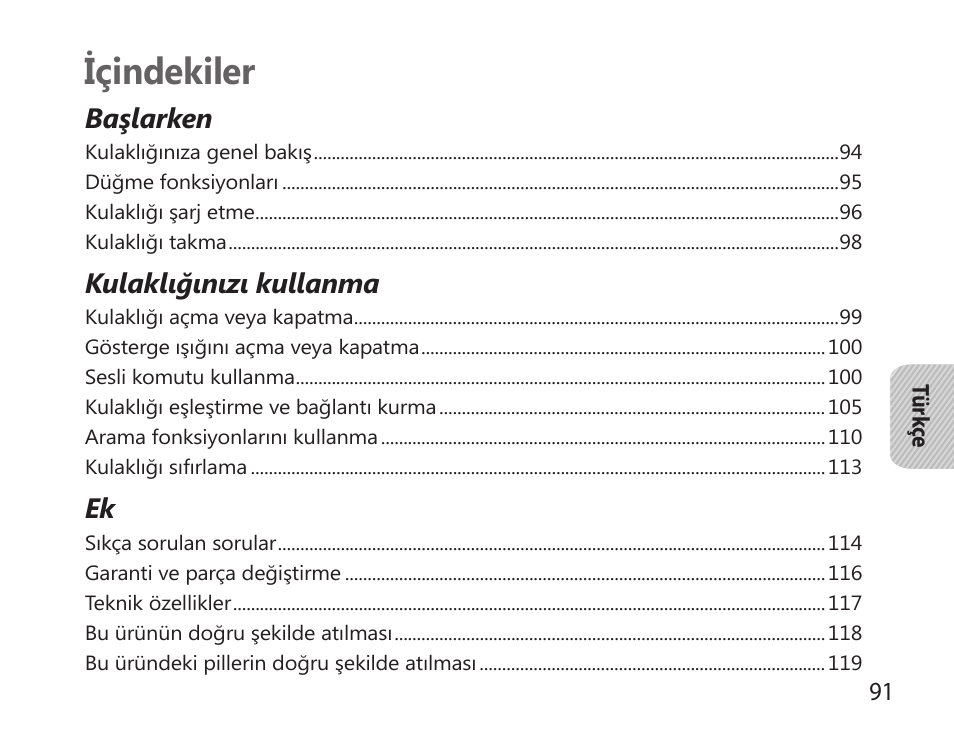 Türkçe, Içindekiler | Samsung HM6000 User Manual | Page 93 / 183