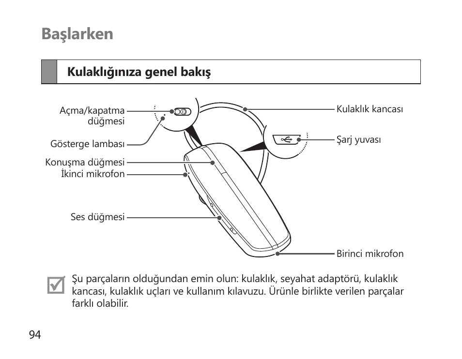 Başlarken, Kulaklığınıza genel bakış | Samsung HM6000 User Manual | Page 96 / 183
