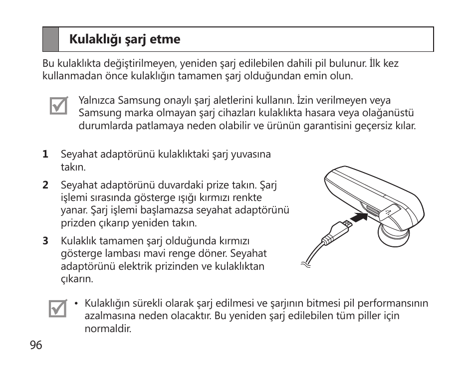 Kulaklığı şarj etme, 96 kulaklığı şarj etme | Samsung HM6000 User Manual | Page 98 / 183