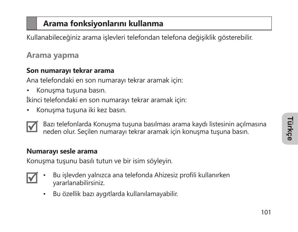 Arama fonksiyonlarını kullanma | Samsung HM1700 User Manual | Page 103 / 169