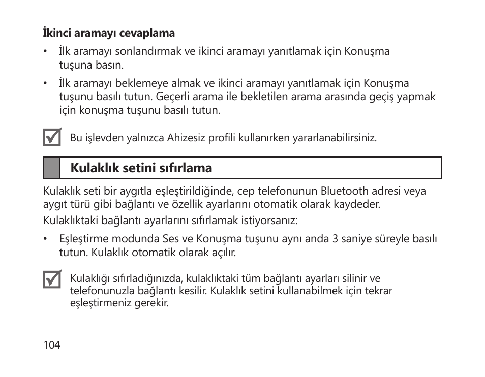 Kulaklık setini sıfırlama | Samsung HM1700 User Manual | Page 106 / 169