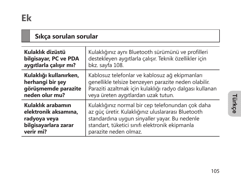 Sıkça sorulan sorular | Samsung HM1700 User Manual | Page 107 / 169