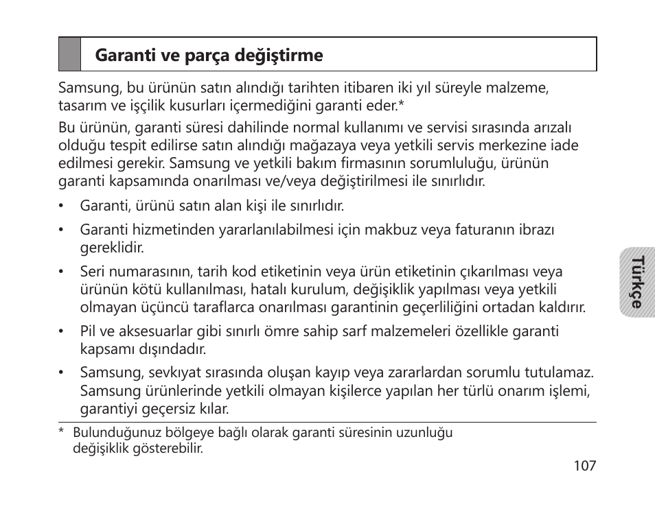 Garanti ve parça değiştirme | Samsung HM1700 User Manual | Page 109 / 169