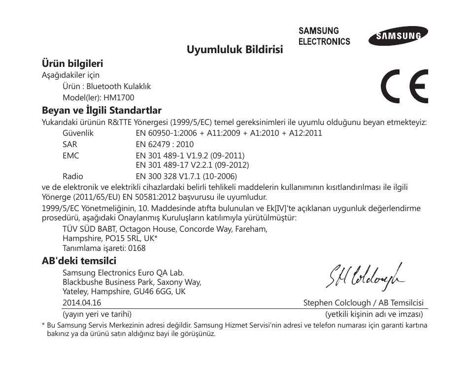 Uyumluluk bildirisi | Samsung HM1700 User Manual | Page 113 / 169