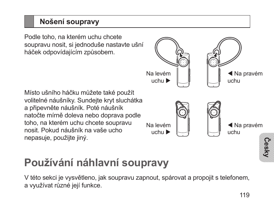 Nošení soupravy, Používání náhlavní soupravy | Samsung HM1700 User Manual | Page 121 / 169