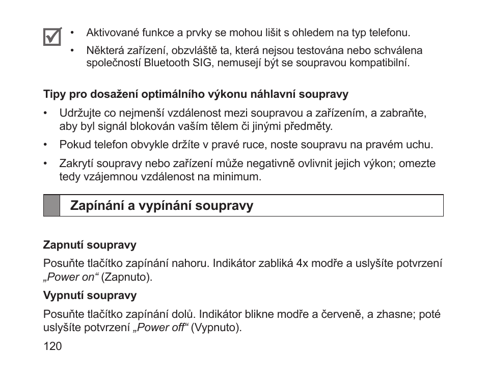 Zapínání a vypínání soupravy | Samsung HM1700 User Manual | Page 122 / 169