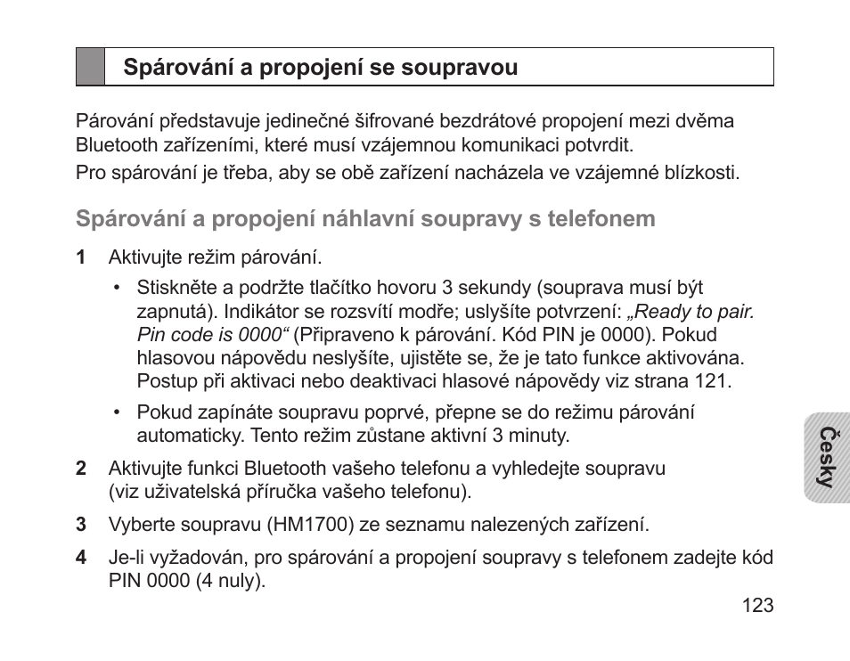 Spárování a propojení se soupravou | Samsung HM1700 User Manual | Page 125 / 169