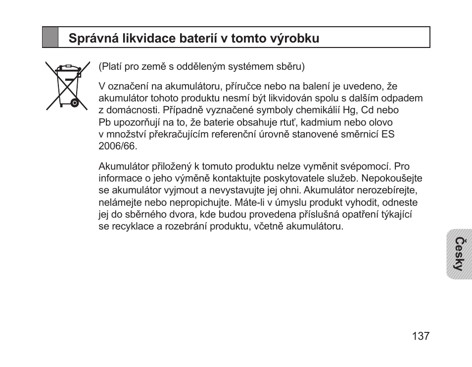 Správná likvidace baterií v tomto výrobku | Samsung HM1700 User Manual | Page 139 / 169