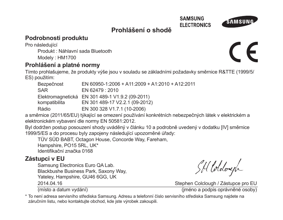 Prohlášení o shodě | Samsung HM1700 User Manual | Page 140 / 169