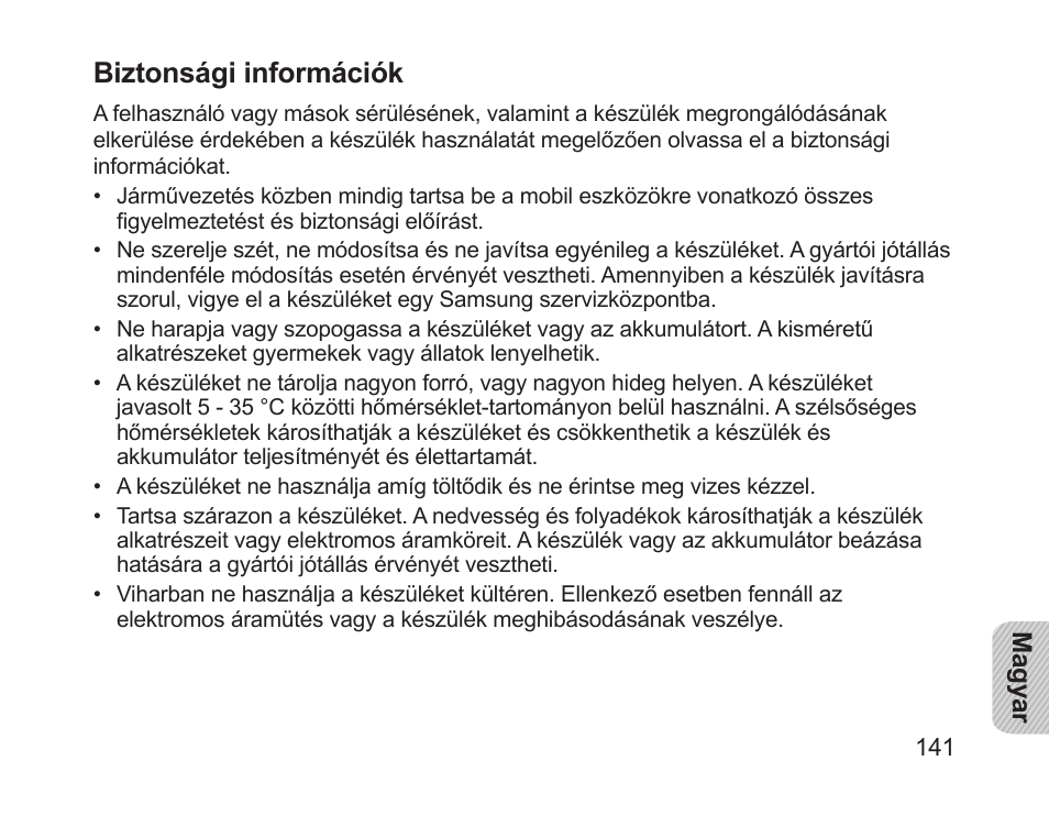 Biztonsági információk | Samsung HM1700 User Manual | Page 143 / 169