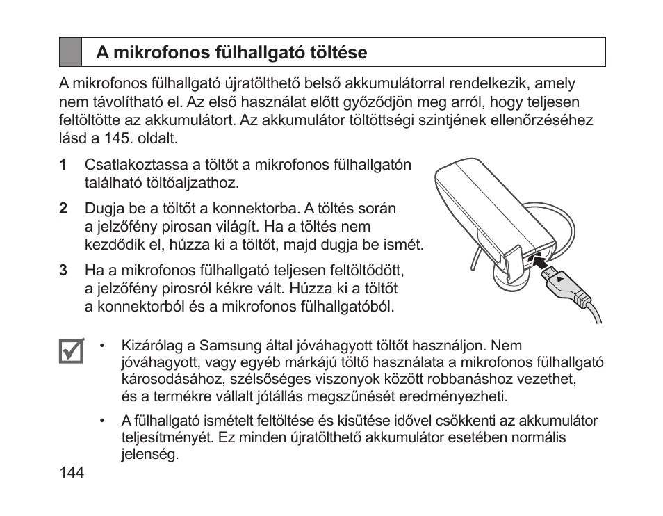 A mikrofonos fülhallgató töltése | Samsung HM1700 User Manual | Page 146 / 169