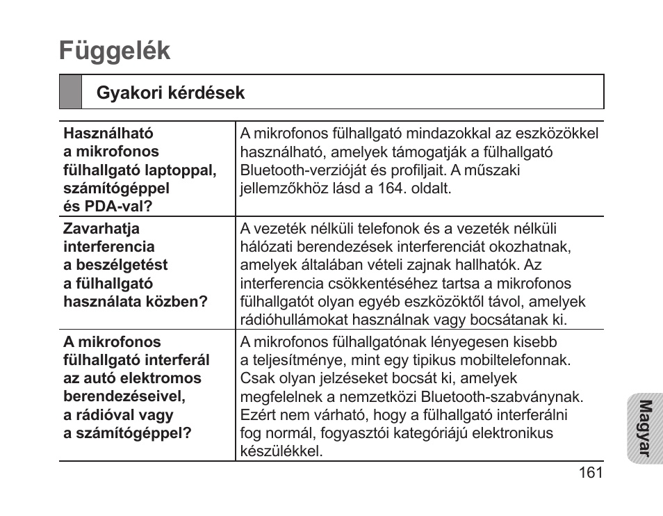 Függelék, Gyakori kérdések | Samsung HM1700 User Manual | Page 163 / 169