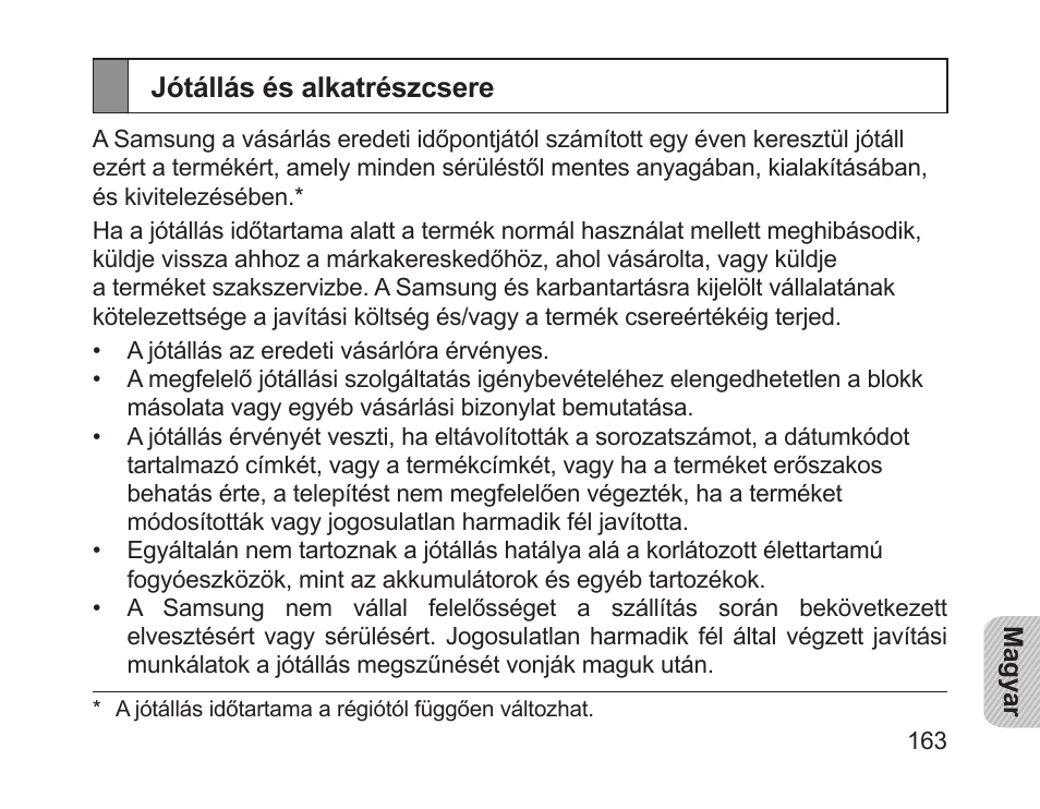 Jótállás és alkatrészcsere | Samsung HM1700 User Manual | Page 165 / 169
