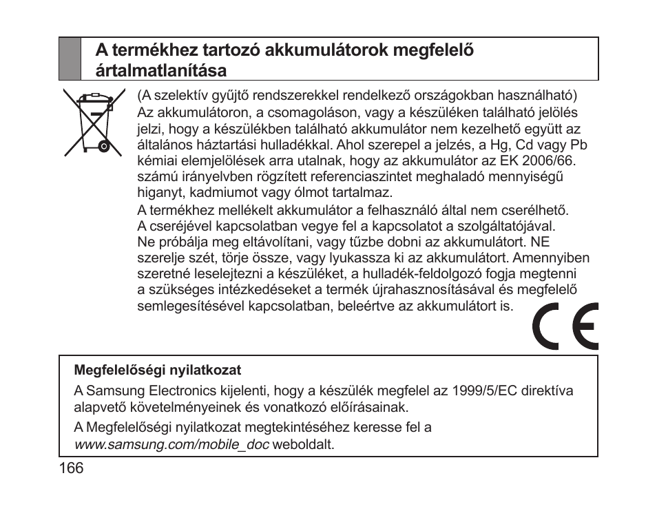 A termékhez tartozó akkumulátorok megfelelő, Ártalmatlanítása | Samsung HM1700 User Manual | Page 168 / 169