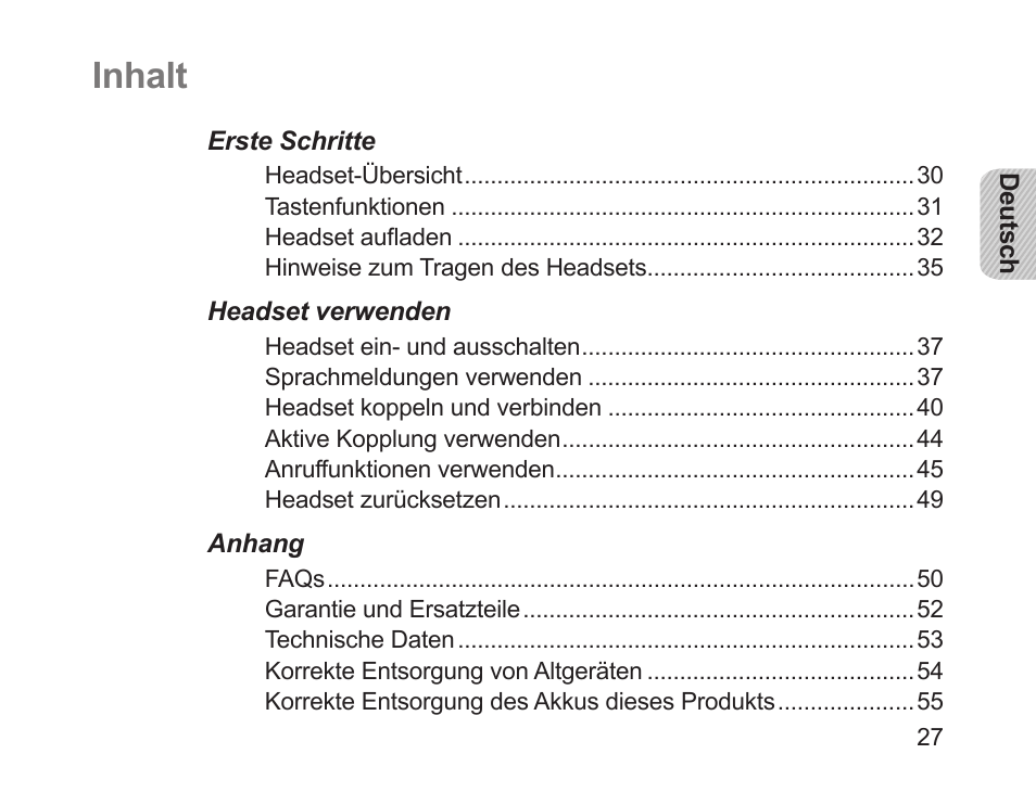 Deutsch, Inhalt | Samsung HM1700 User Manual | Page 29 / 169