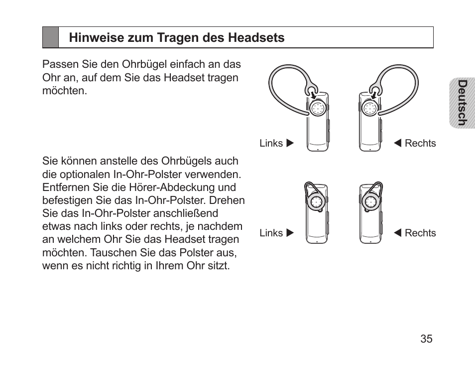 Hinweise zum tragen des headsets | Samsung HM1700 User Manual | Page 37 / 169