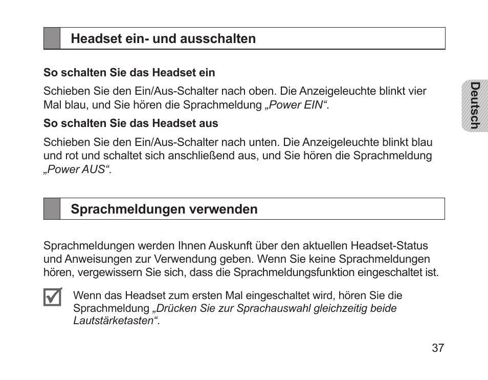 Headset ein- und ausschalten, Sprachmeldungen verwenden | Samsung HM1700 User Manual | Page 39 / 169