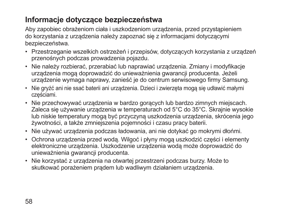 Informacje dotyczące bezpieczeństwa | Samsung HM1700 User Manual | Page 60 / 169