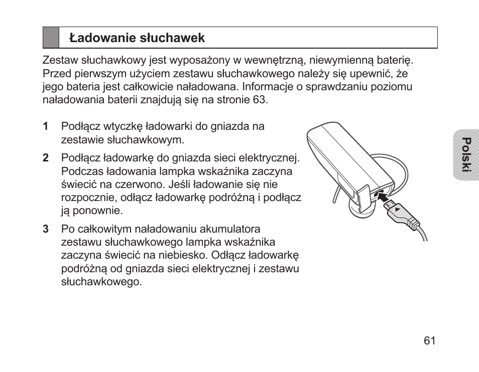 Ładowanie słuchawek | Samsung HM1700 User Manual | Page 63 / 169