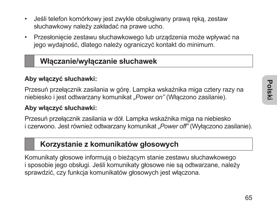 Włączanie/wyłączanie słuchawek, Korzystanie z komunikatów głosowych | Samsung HM1700 User Manual | Page 67 / 169