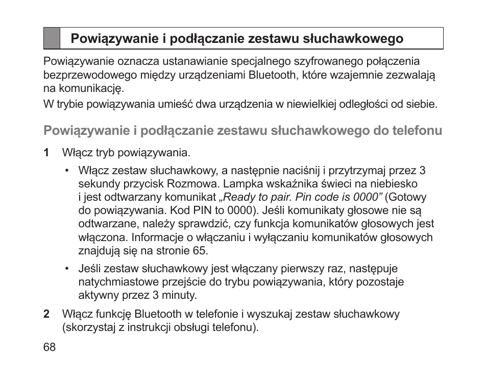 Powiązywanie i podłączanie zestawu słuchawkowego | Samsung HM1700 User Manual | Page 70 / 169