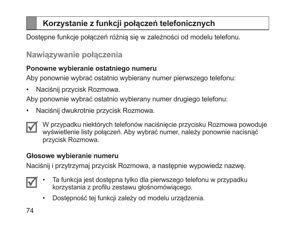 Korzystanie z funkcji połączeń telefonicznych | Samsung HM1700 User Manual | Page 76 / 169