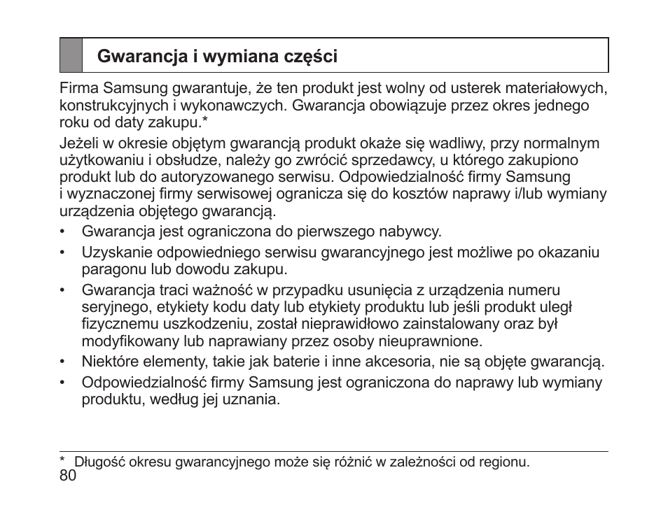 Gwarancja i wymiana części | Samsung HM1700 User Manual | Page 82 / 169