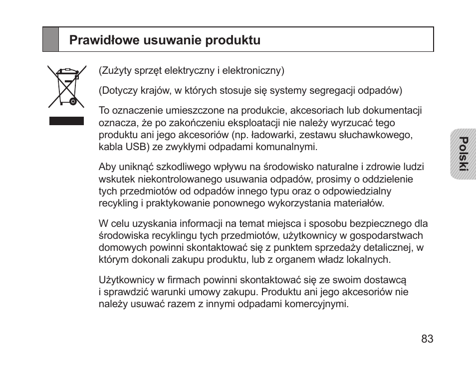 Prawidłowe usuwanie produktu | Samsung HM1700 User Manual | Page 85 / 169