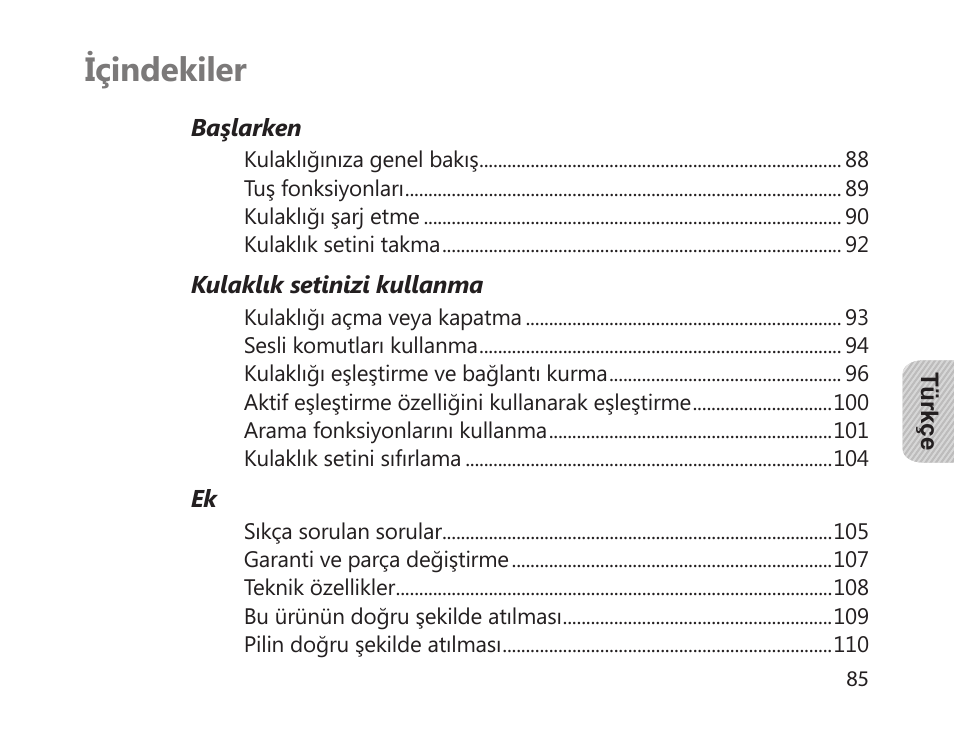 Türkçe, Içindekiler | Samsung HM1700 User Manual | Page 87 / 169