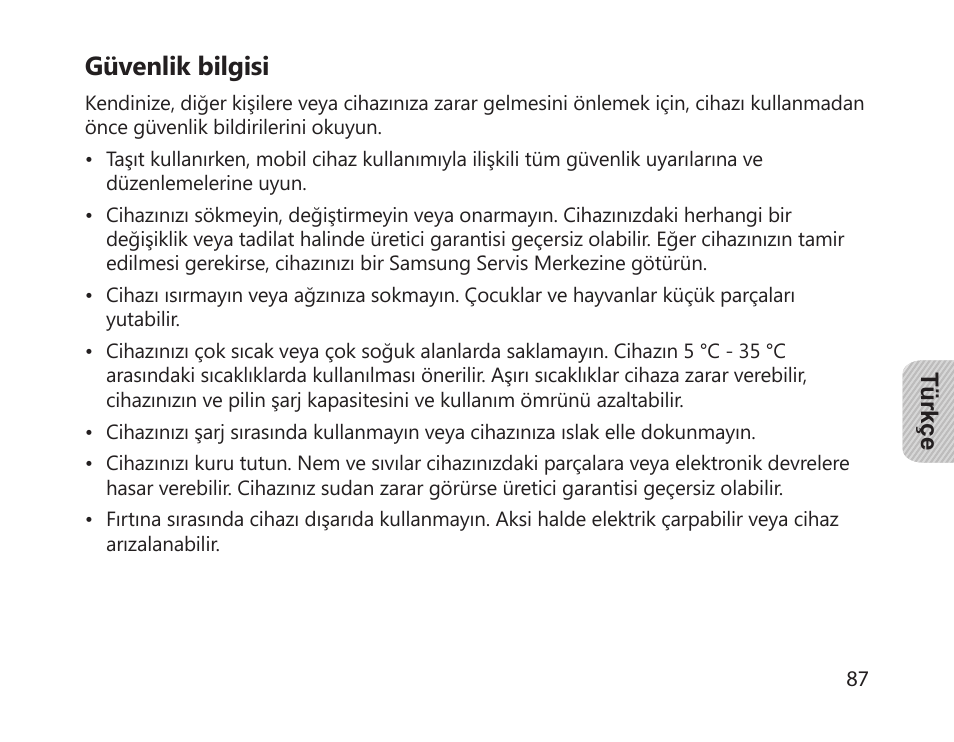 Güvenlik bilgisi | Samsung HM1700 User Manual | Page 89 / 169