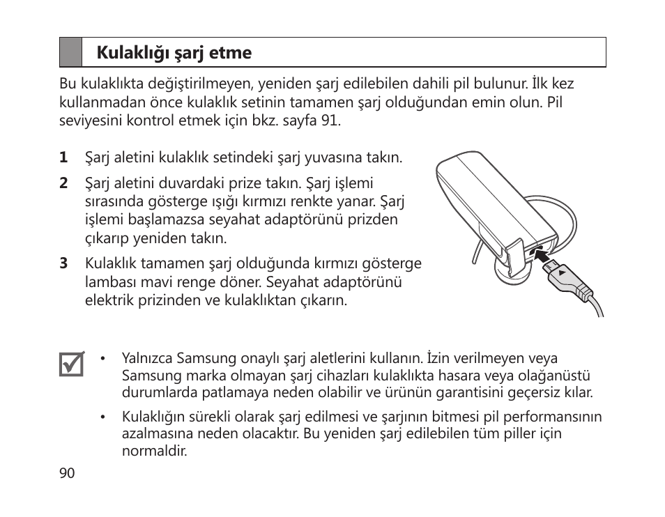 Kulaklığı şarj etme | Samsung HM1700 User Manual | Page 92 / 169