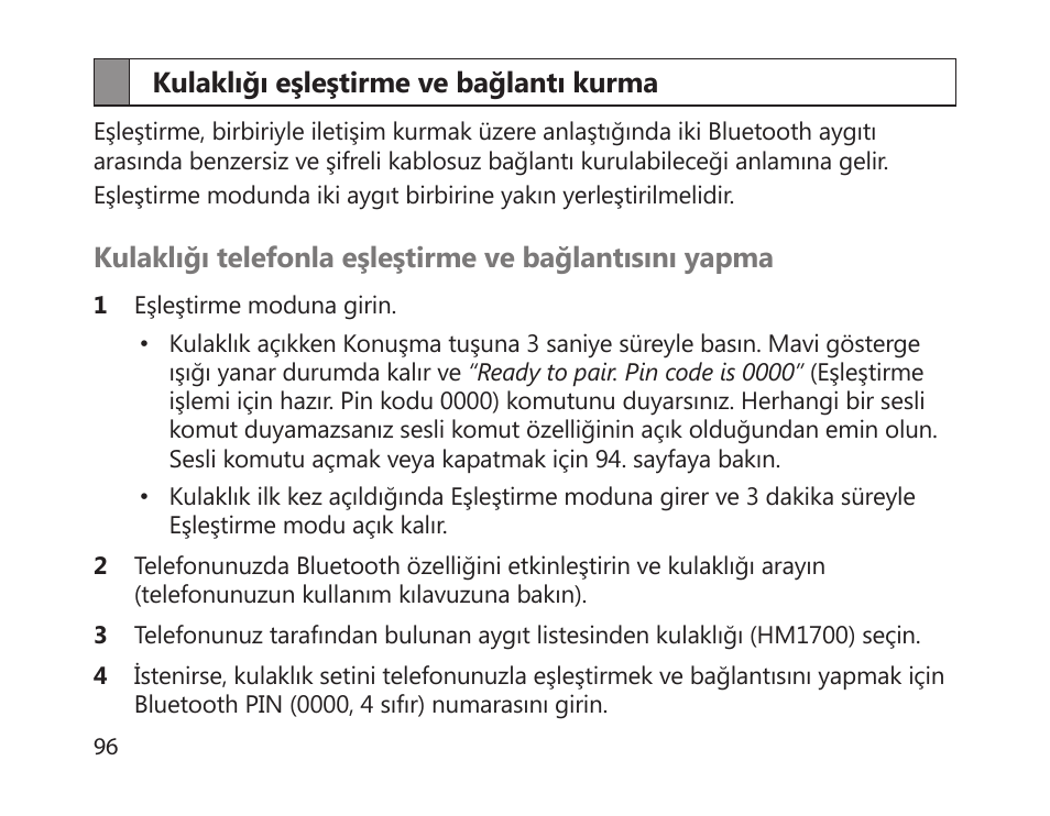 Kulaklığı eşleştirme ve bağlantı kurma | Samsung HM1700 User Manual | Page 98 / 169