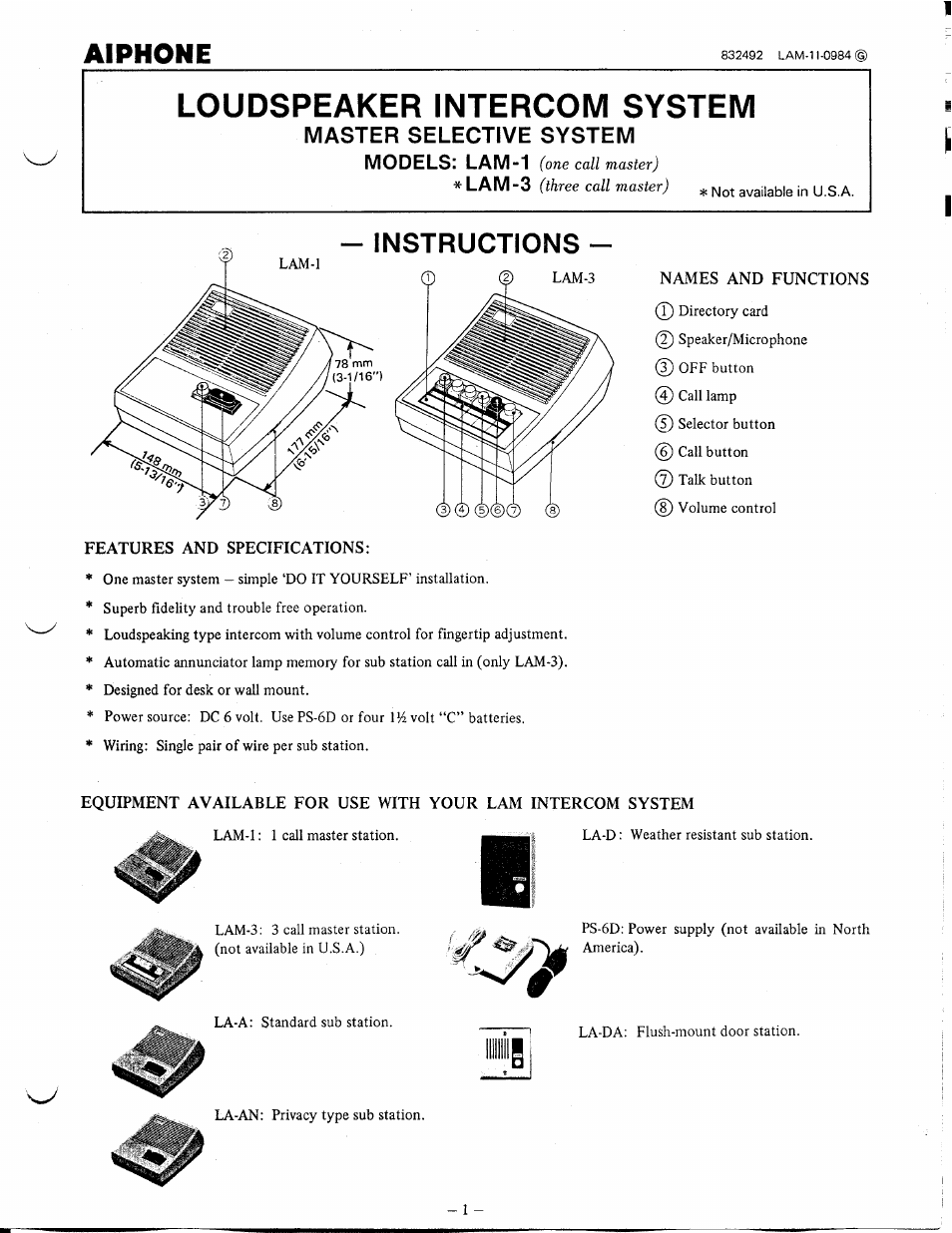 Aiphone LAM-3 User Manual | 4 pages