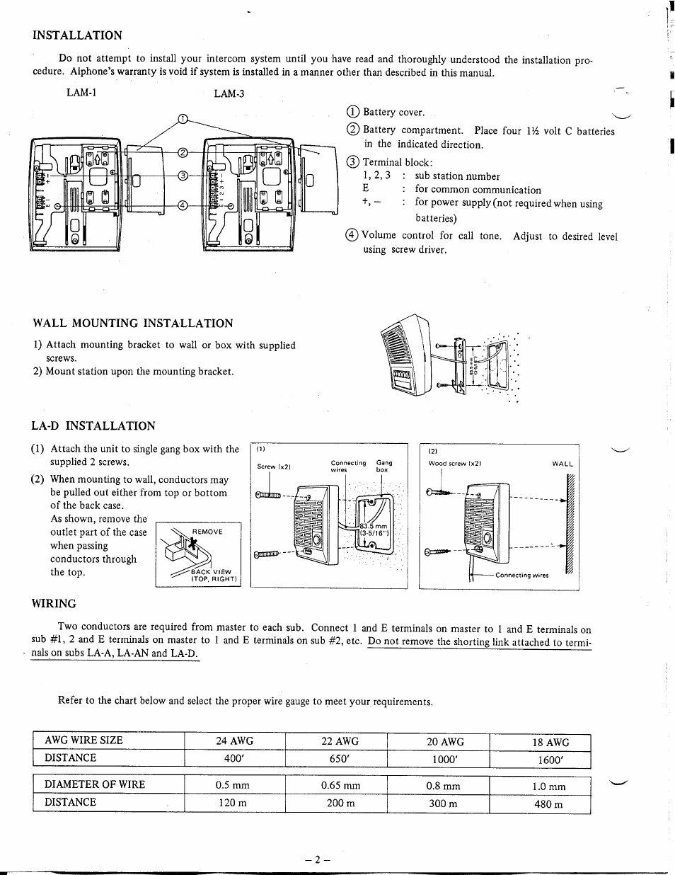 Installation, Wall mounting installation, La-d installation | Wiring | Aiphone LAM-3 User Manual | Page 2 / 4