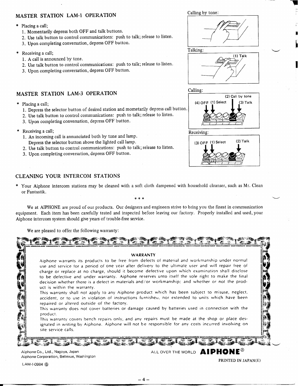 Master station lam-1 operation, Master station lam-3 operation, Cleaning your intercom stations | Aiphone, Printed in jap ance) | Aiphone LAM-3 User Manual | Page 4 / 4