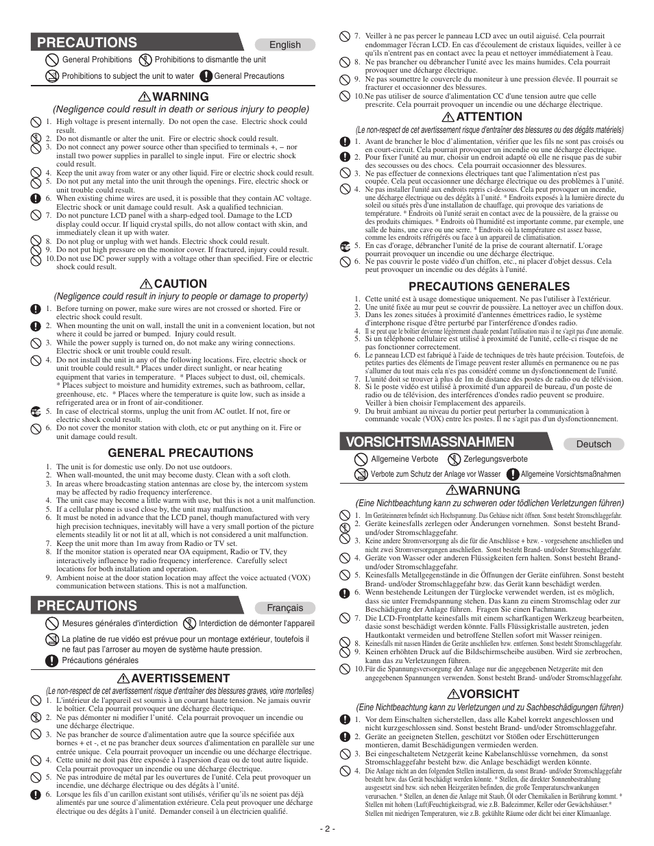 Precautions, Vorsichtsmassnahmen, Warning | Caution, General precautions, Warnung, Vorsicht, Avertissement, Attention, Precautions generales | Aiphone JB-2MD User Manual | Page 2 / 16