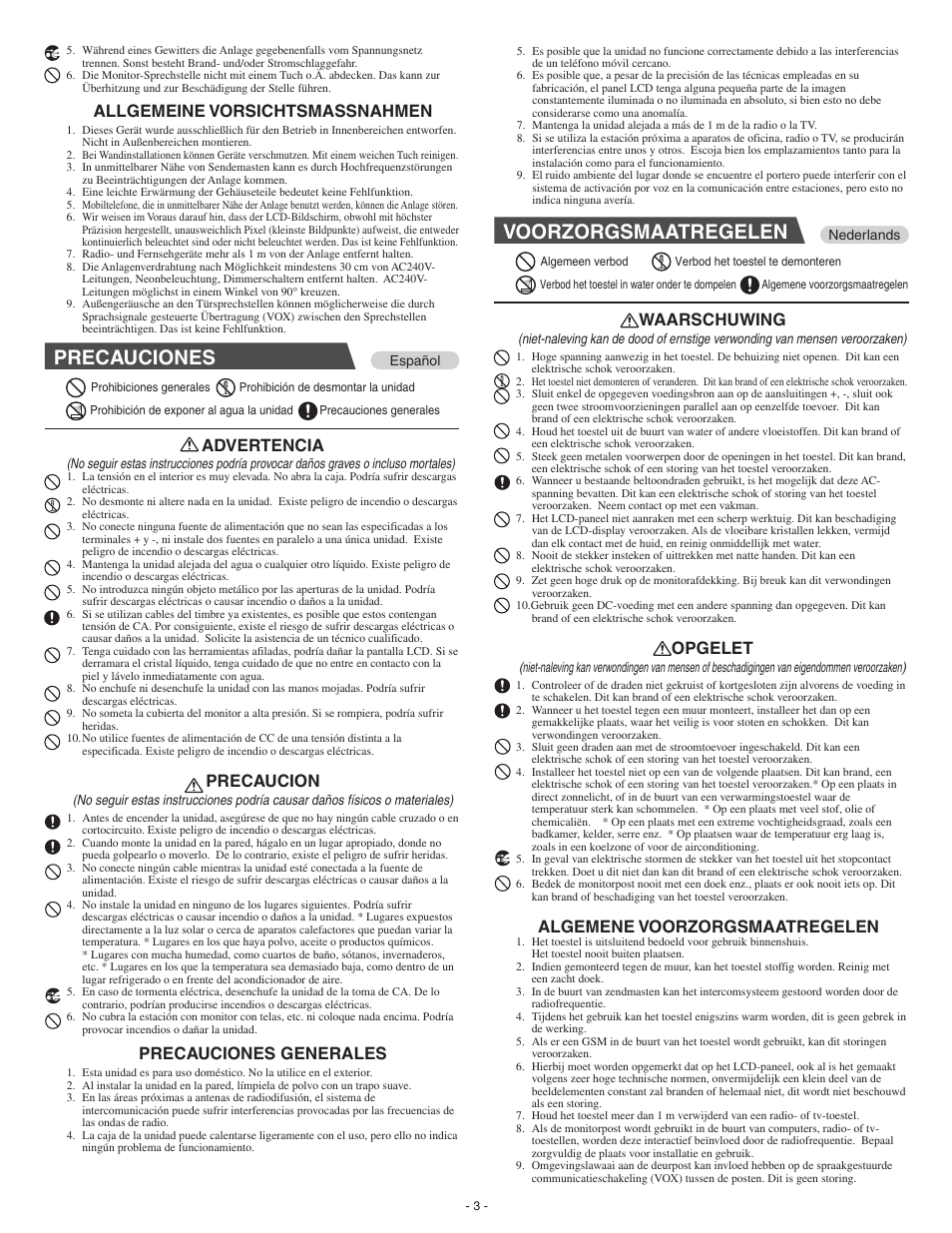 Precauciones, Voorzorgsmaatregelen, Advertencia | Precaucion, Precauciones generales, Waarschuwing, Opgelet, Algemene voorzorgsmaatregelen, Allgemeine vorsichtsmassnahmen | Aiphone JB-2MD User Manual | Page 3 / 16