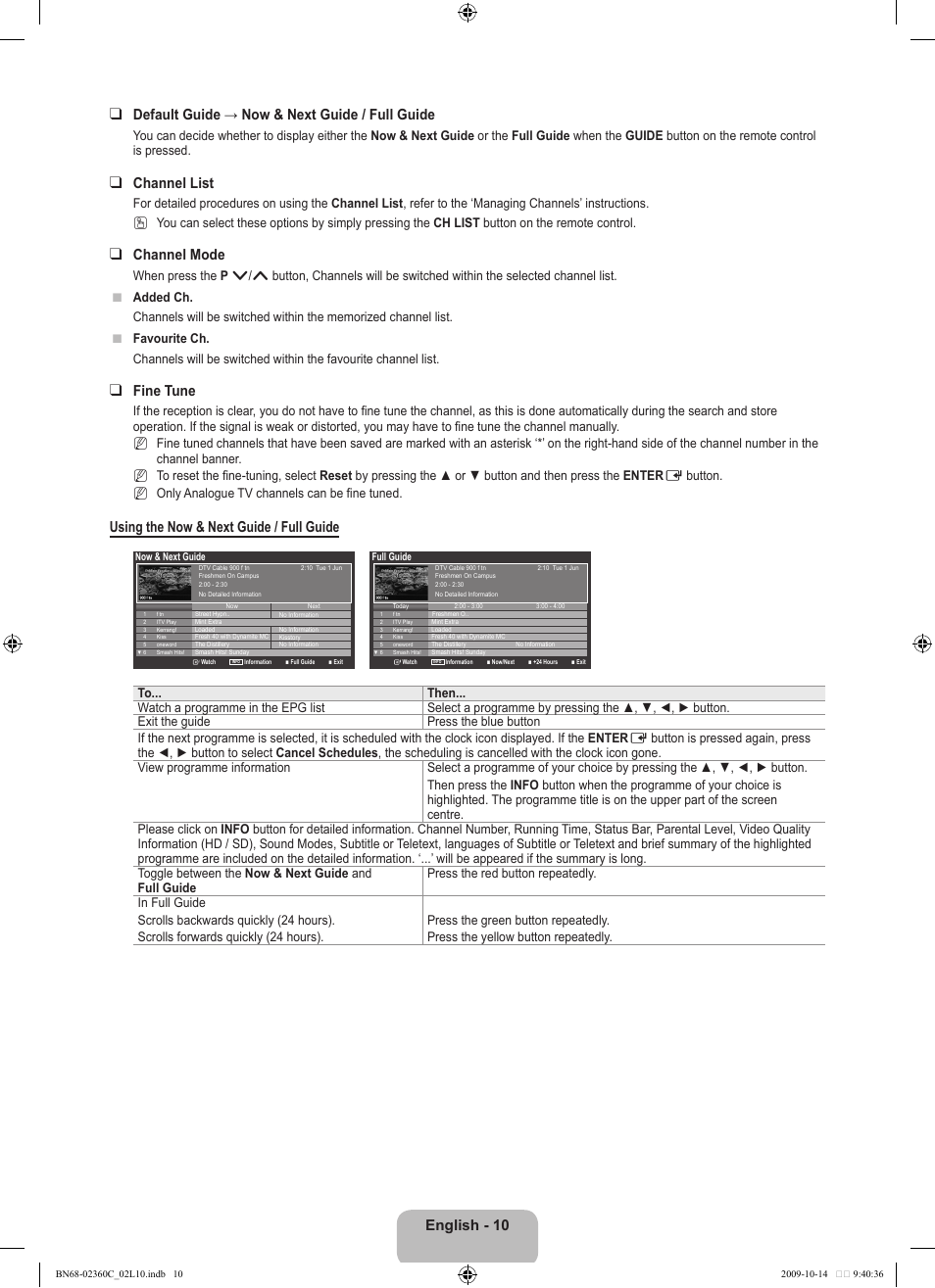 Channel list, Channel mode, Fine tune | Using the now & next guide / full guide | Samsung LE26B450C4W User Manual | Page 12 / 326