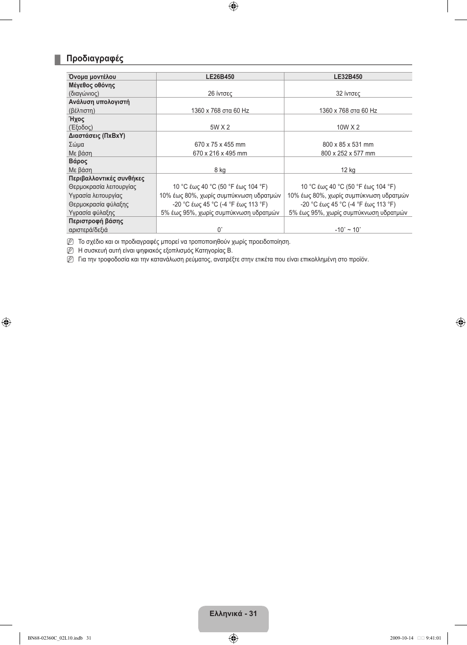 Προδιαγραφές | Samsung LE26B450C4W User Manual | Page 127 / 326